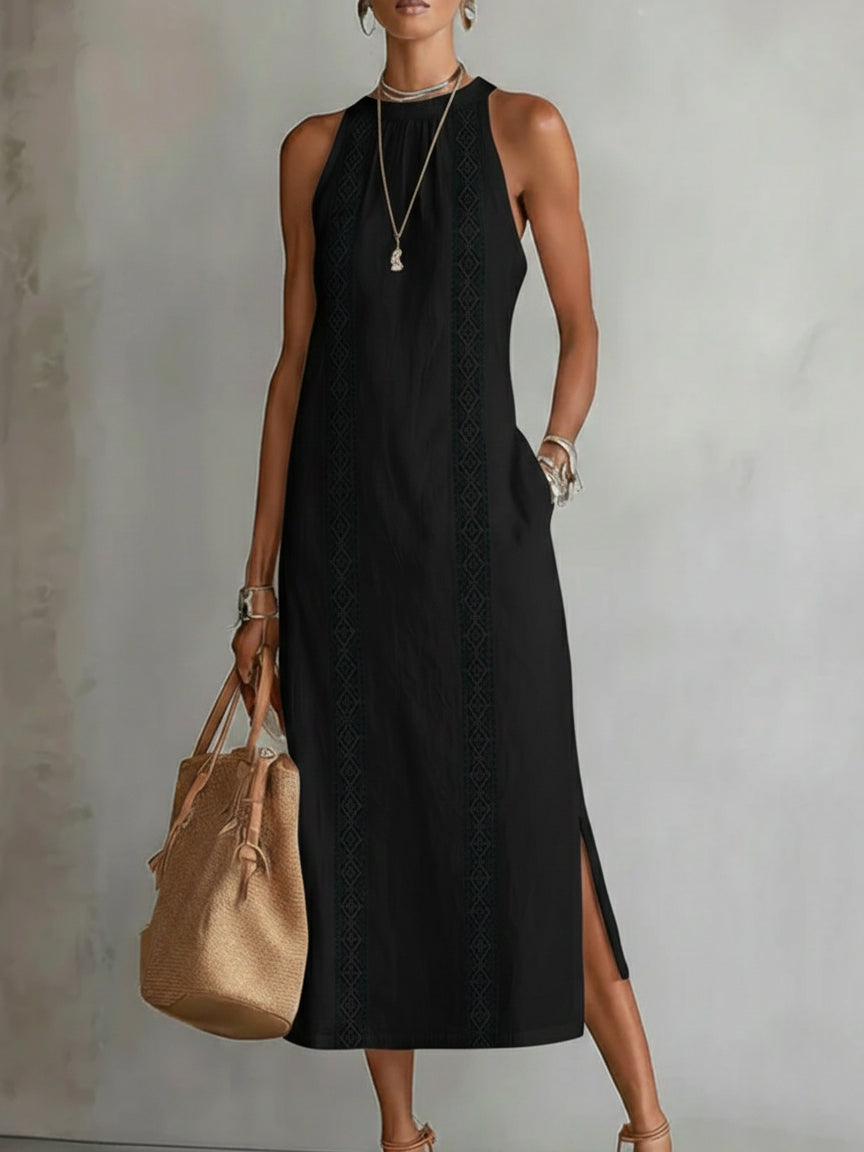 Vestido midi sin mangas de algodón y lino con cuello mao