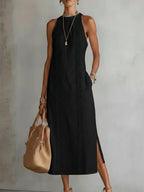 Vestido midi sin mangas de algodón y lino con cuello mao