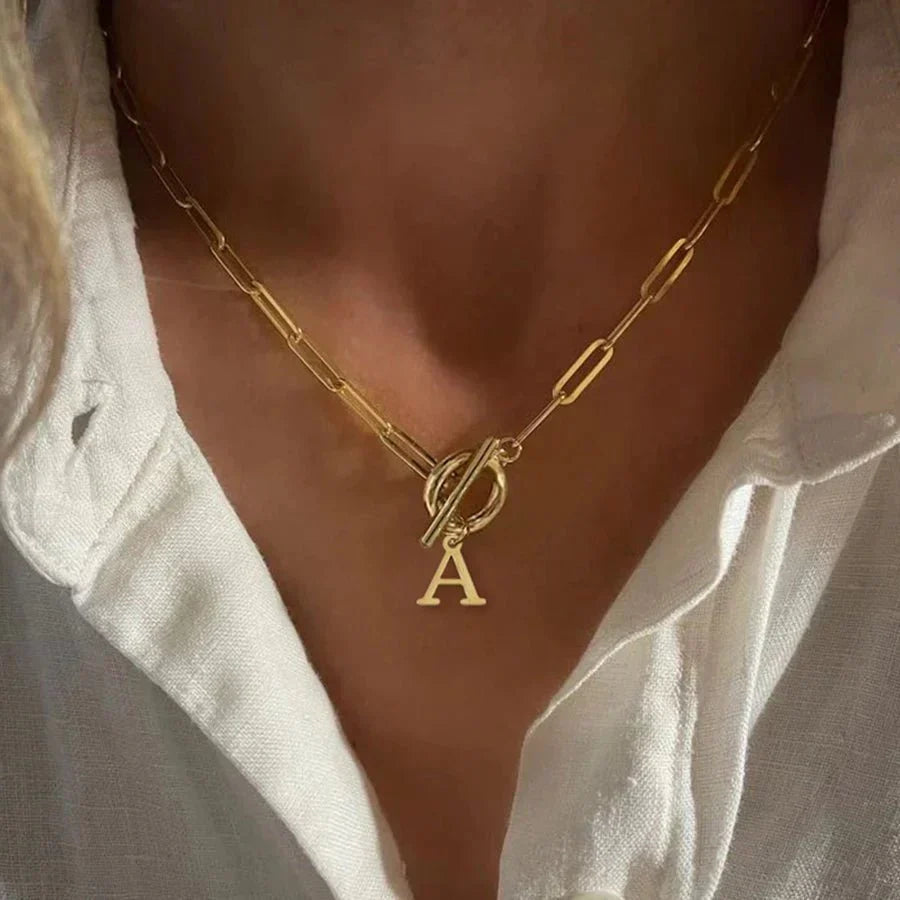 Paperclip Initial Necklace with Circle Toggle Clasp