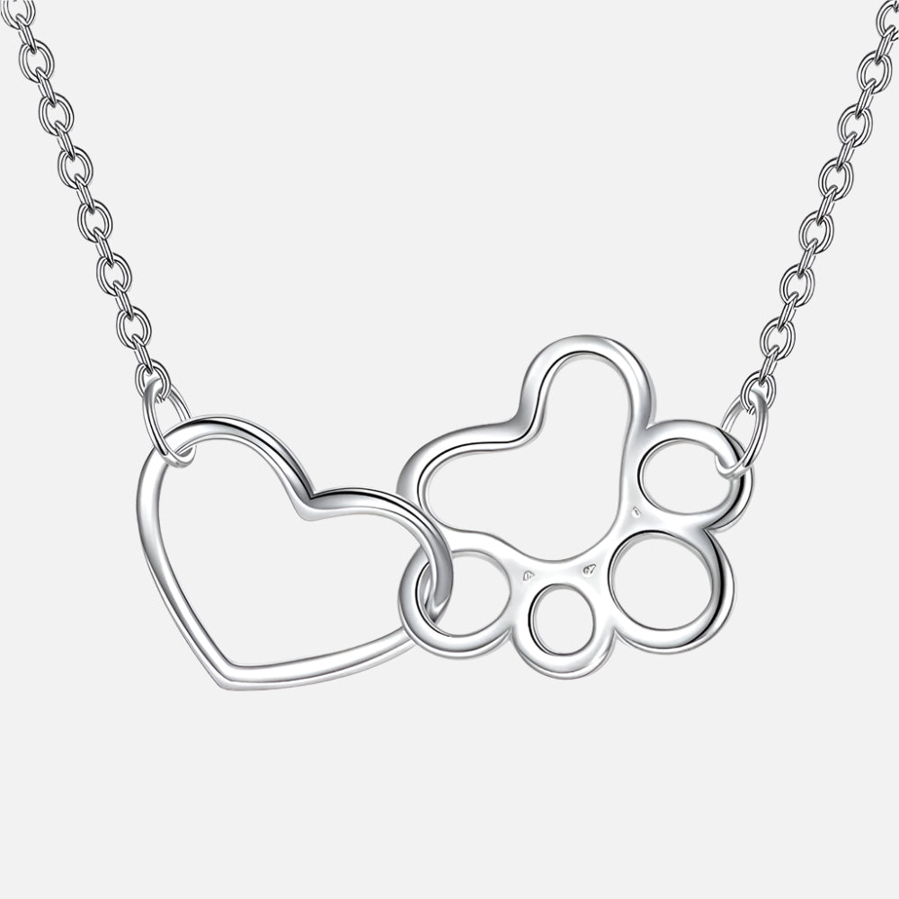 Paw Print Necklace with Crystal Heart Pendant in Silver Colour