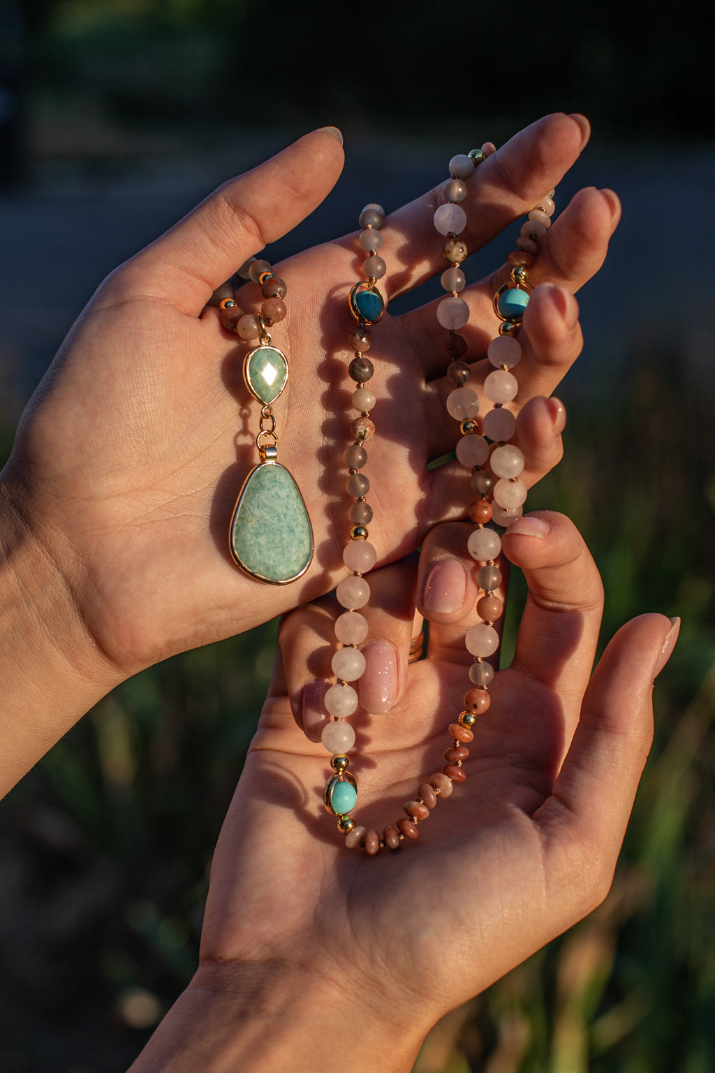 Amazonite and Rose Quartz Beaded Mala-Style Necklace