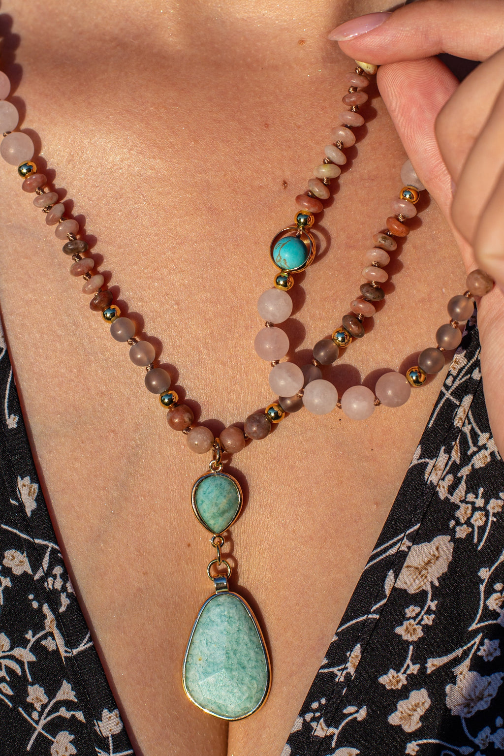 Amazonite and Rose Quartz Beaded Mala-Style Necklace