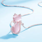 Pink Stone Cat Pendant Necklace with Zirconia and Playful Charm