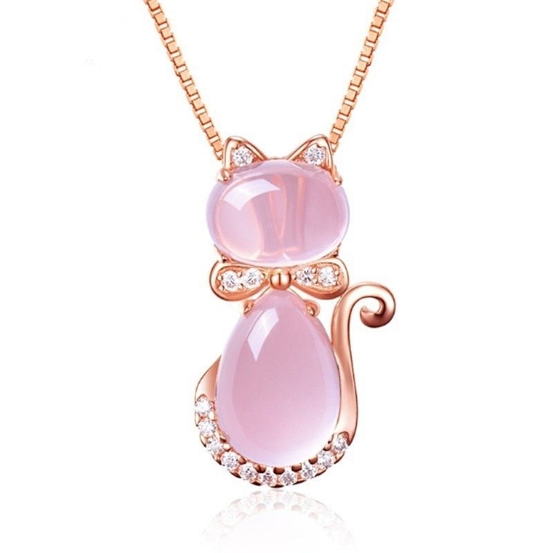 Pink Stone Cat Pendant Necklace with Zirconia and Playful Charm