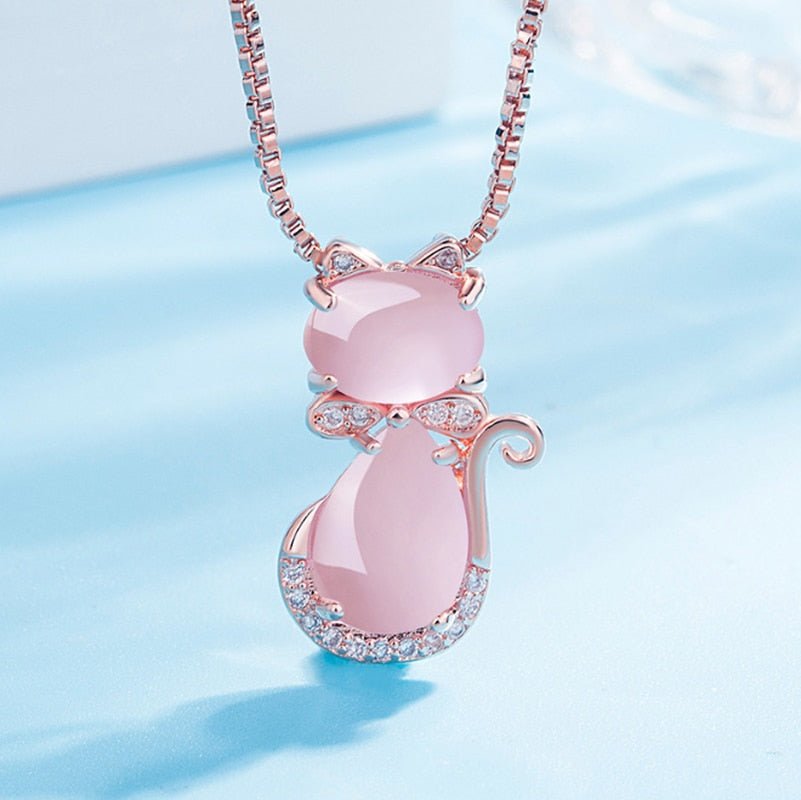 Pink Stone Cat Pendant Necklace with Zirconia and Playful Charm
