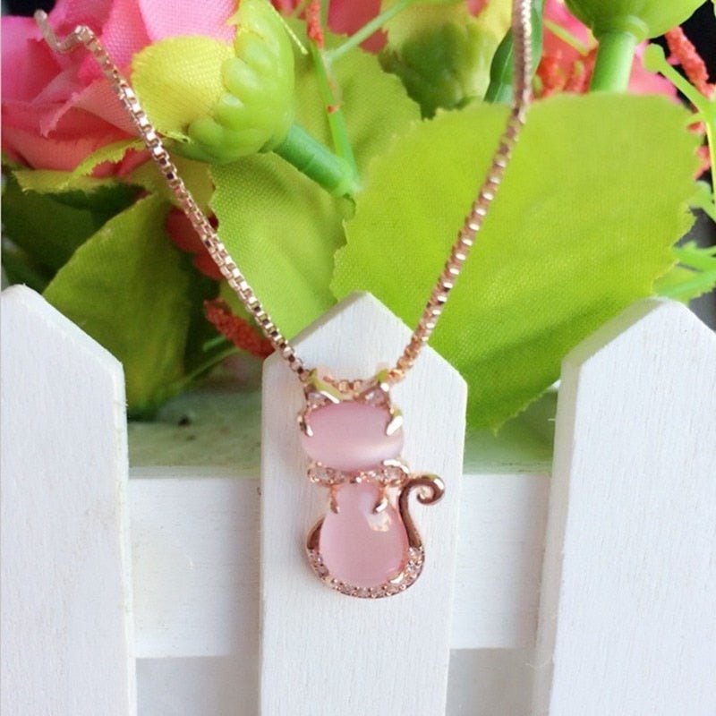 Pink Stone Cat Pendant Necklace with Zirconia and Playful Charm
