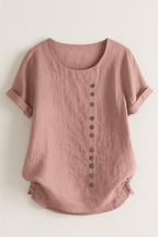Linen Blouse with Round Neck and Rolled-Up Sleeves
