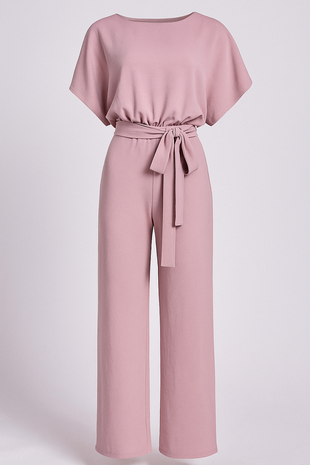 Wide-Leg Jumpsuit with Waist Belt and Draped Sleeves