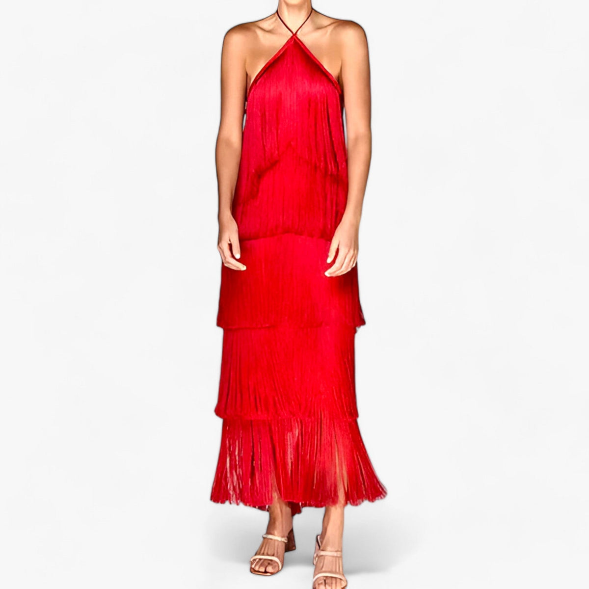 Sleeveless Halterneck Maxi Dress with Fringe Detail