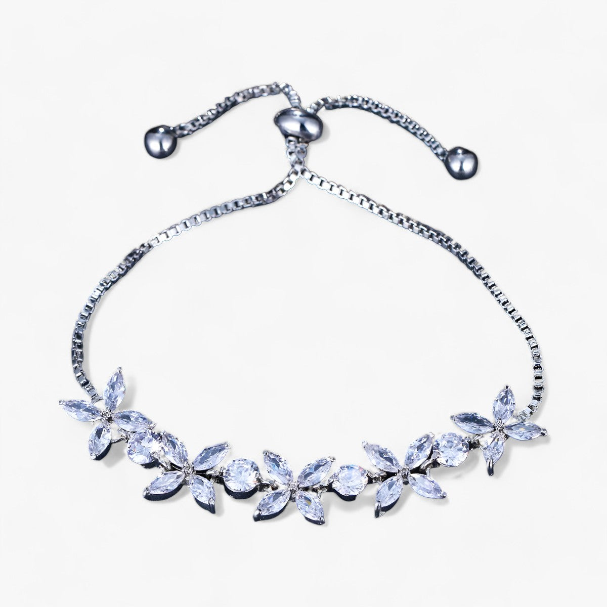 Sparkling Zirconia Flower Charm Bracelet, Adjustable Fit