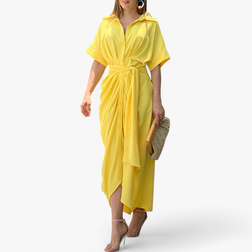 Midi Dress with Asymmetric Collar and Tie Belt