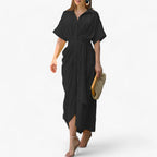 Midi Dress with Asymmetric Collar and Tie Belt