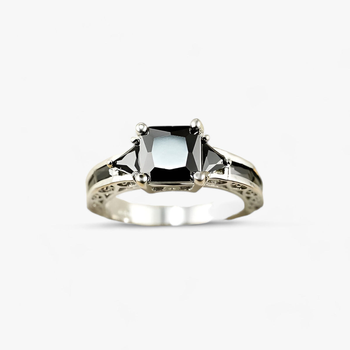 Princess-Cut Ring with a Black Stone in a Silver Band