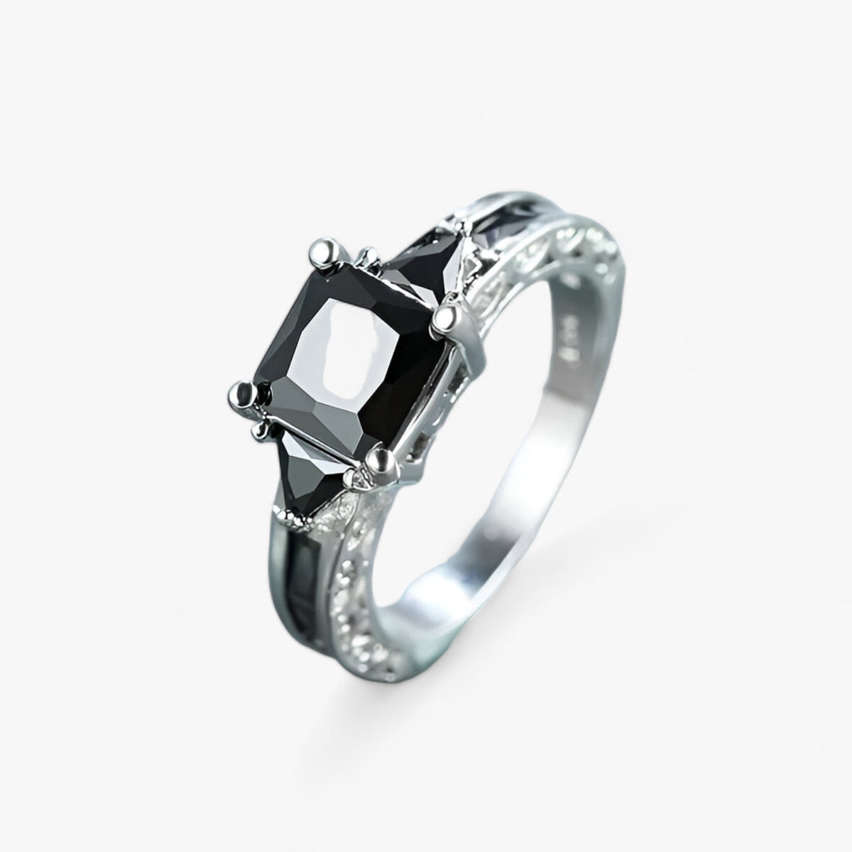 Princess-Cut Ring with a Black Stone in a Silver Band