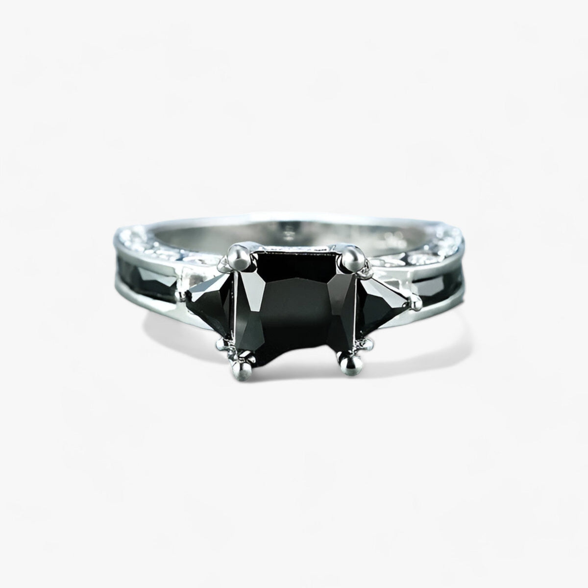 Princess-Cut Ring with a Black Stone in a Silver Band