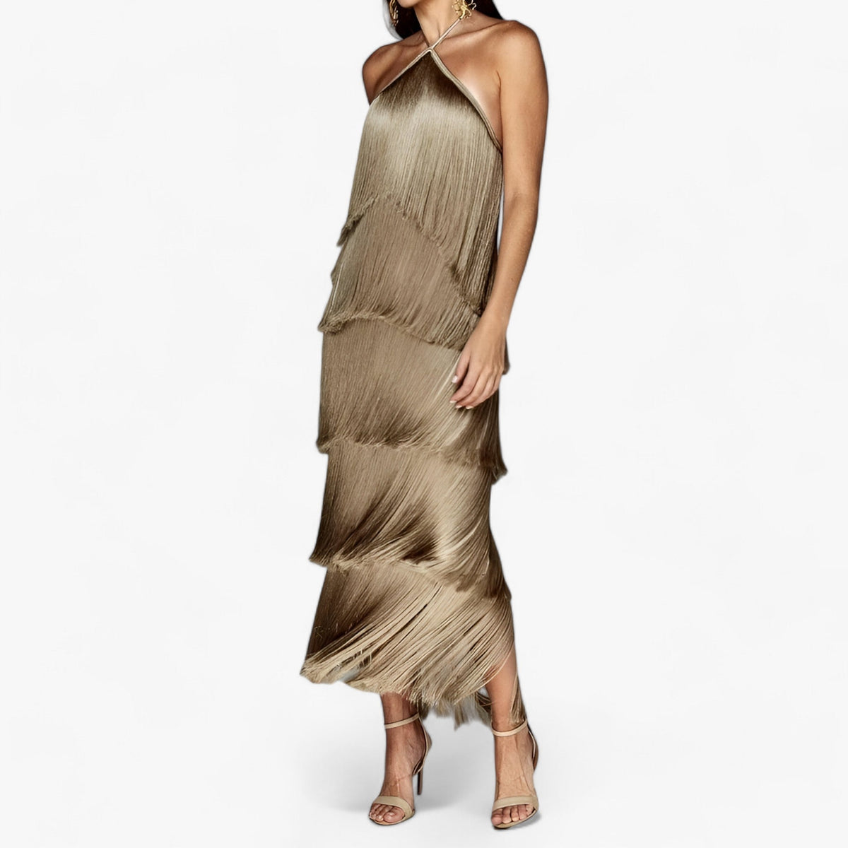Sleeveless Halterneck Maxi Dress with Fringe Detail