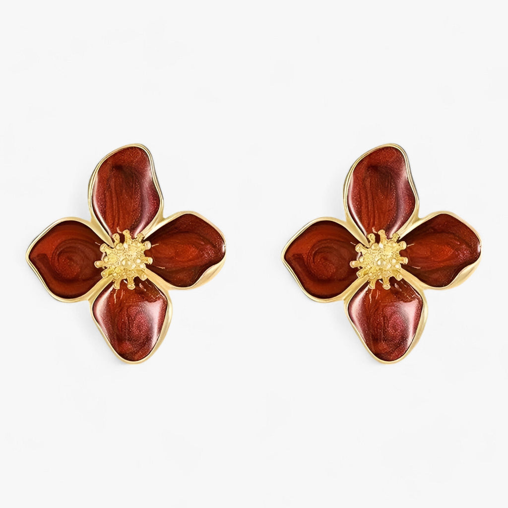 Droppformade örhängen med röd retroblomma och glaserad yta
