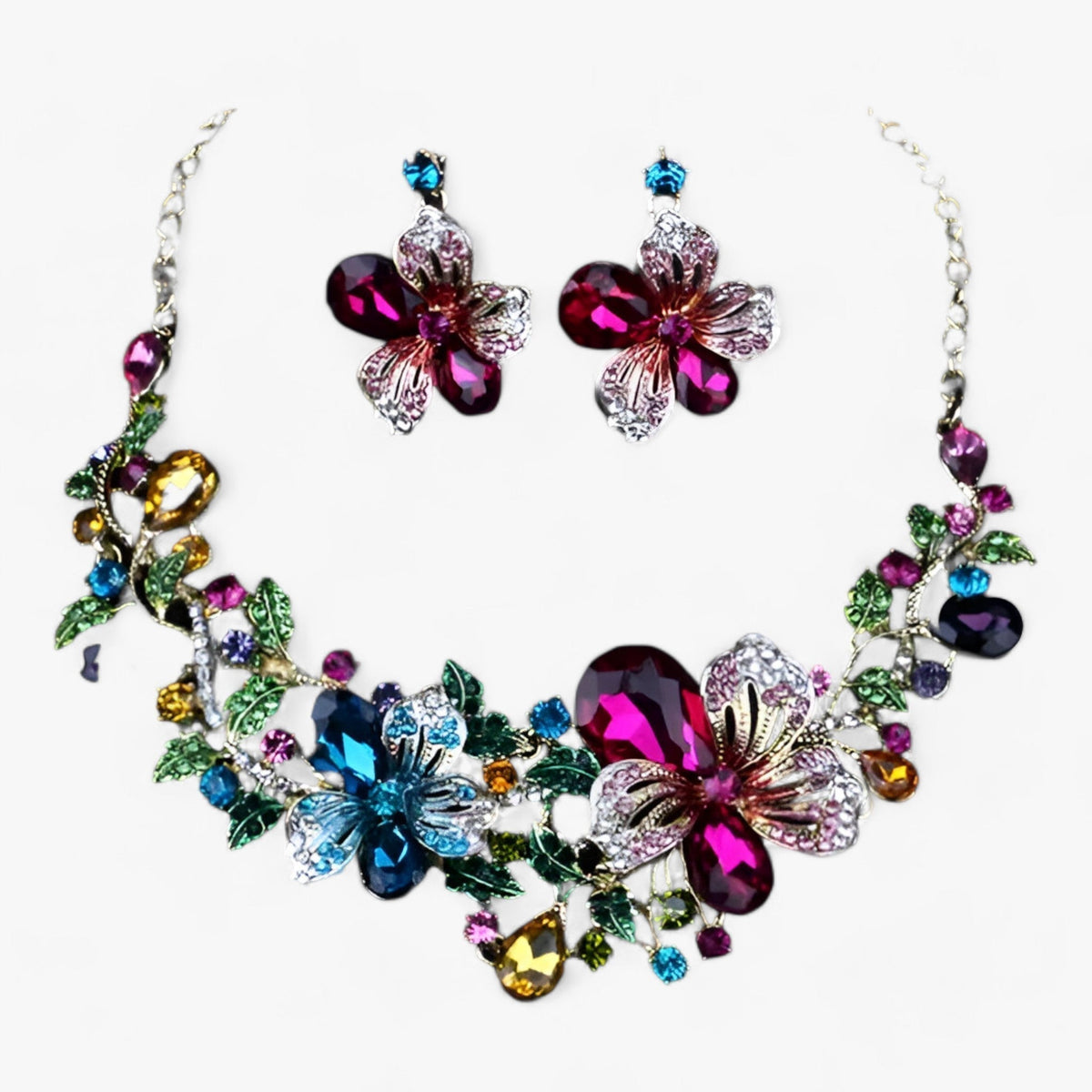 Enamel Flower Necklace and Earring Set for Bridal Occasions