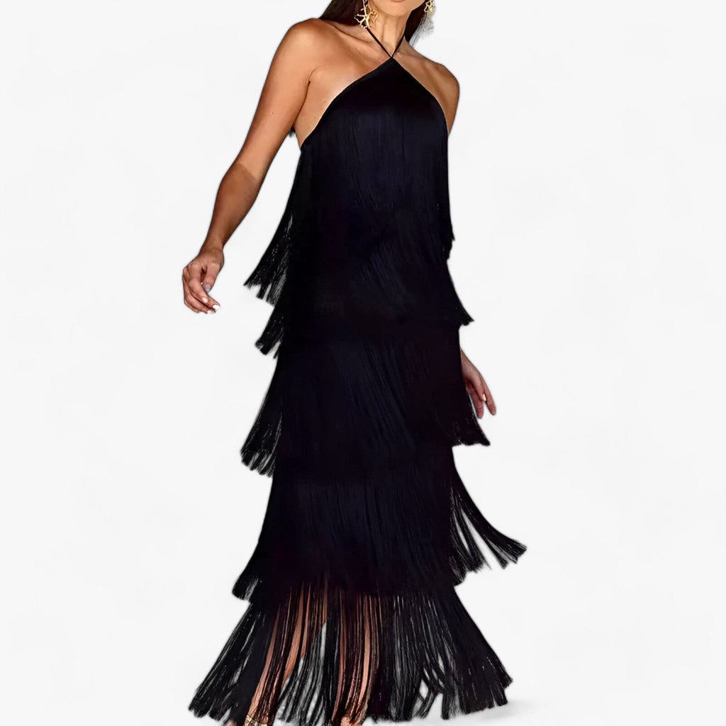 Sleeveless Halterneck Maxi Dress with Fringe Detail