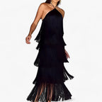 Sleeveless Halterneck Maxi Dress with Fringe Detail