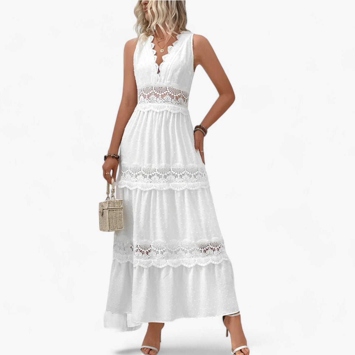 Vestido de verano con cuello de pico y una silueta ligera y fluida