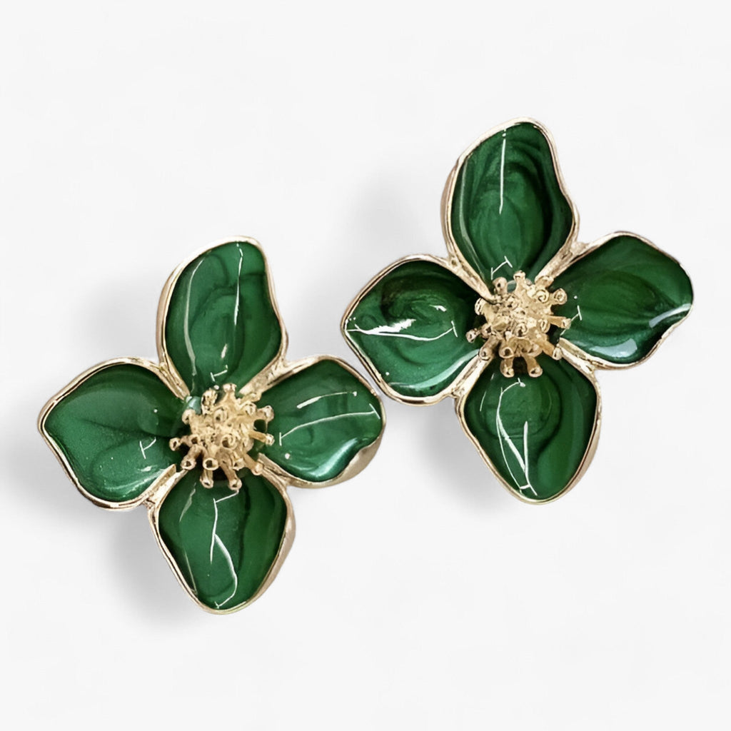 Droppformade örhängen med röd retroblomma och glaserad yta