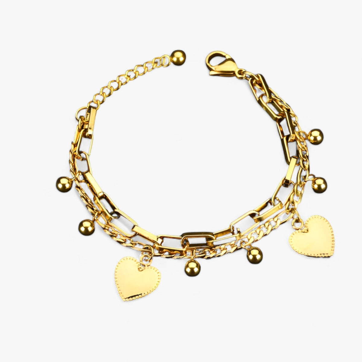 Heart Charm Bracelet with a Layered Pearl Chain Design