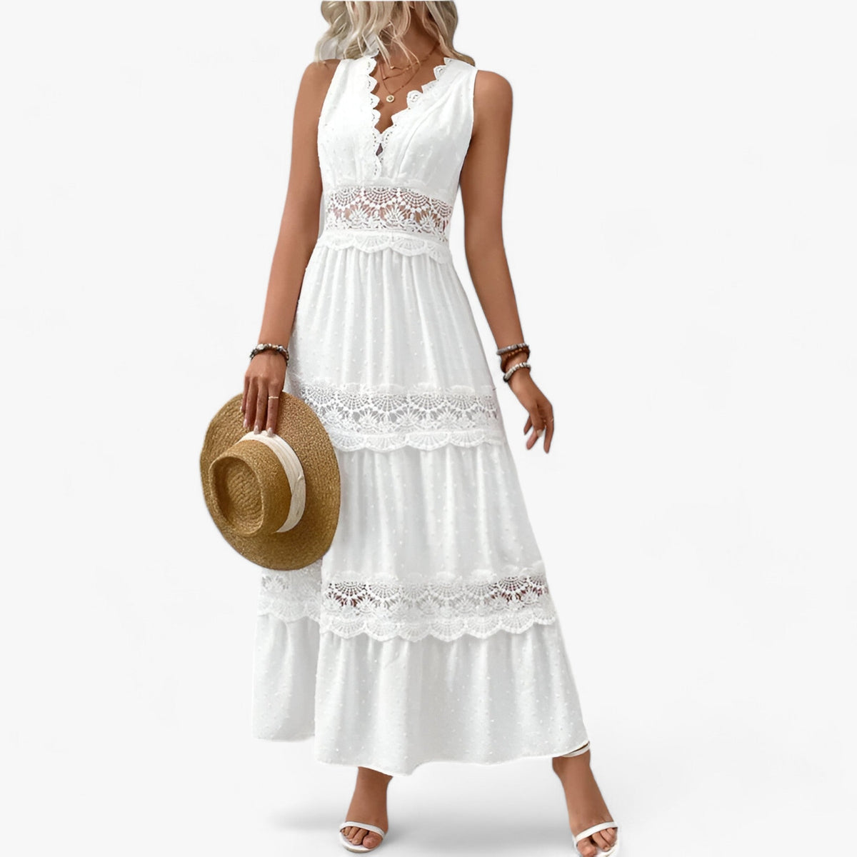 Vestido de verano con cuello de pico y una silueta ligera y fluida
