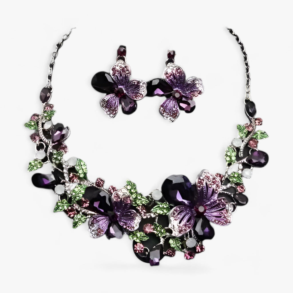 Enamel Flower Necklace and Earring Set for Bridal Occasions