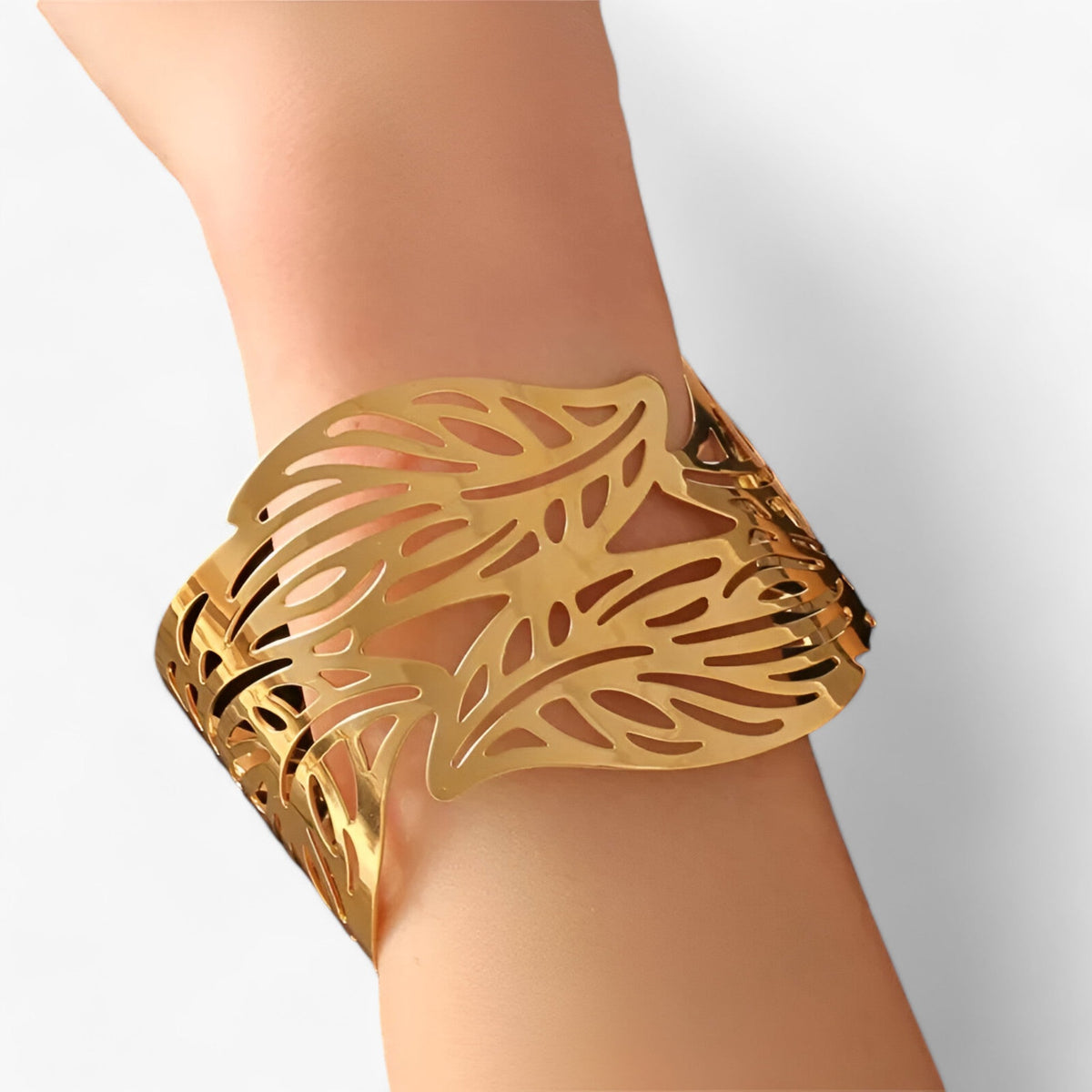 Stainless Steel Bracelet with Cut-Out Leaf Pattern