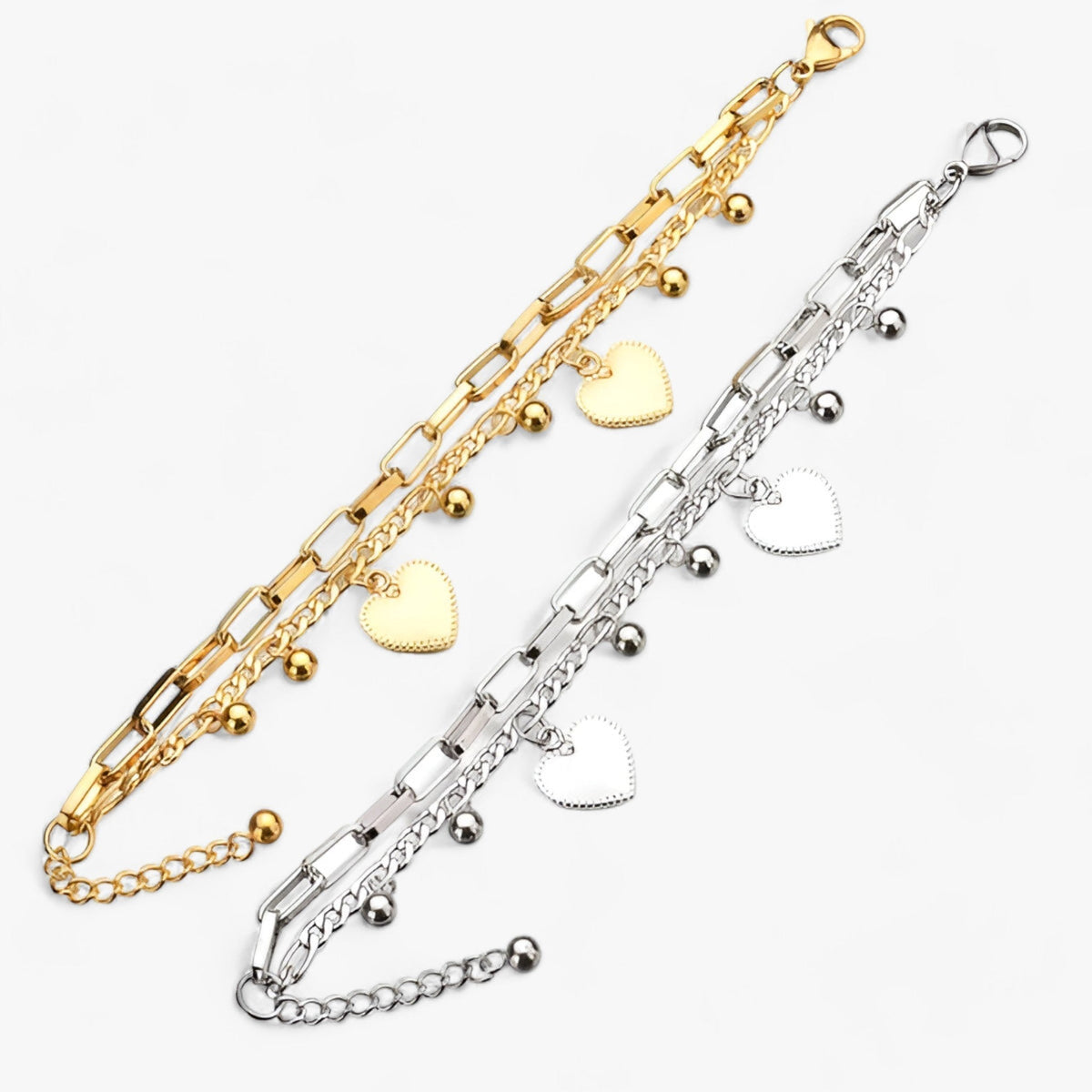Heart Charm Bracelet with a Layered Pearl Chain Design