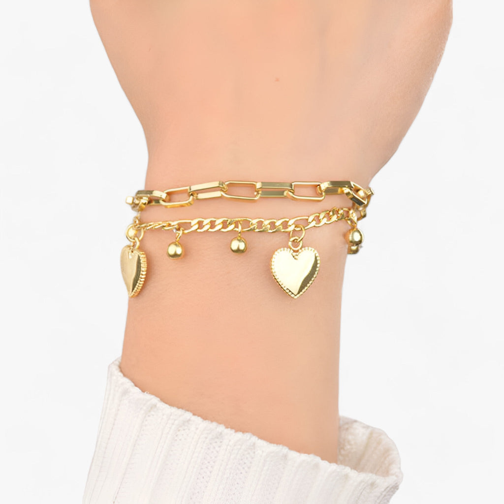 Heart Charm Bracelet with a Layered Pearl Chain Design
