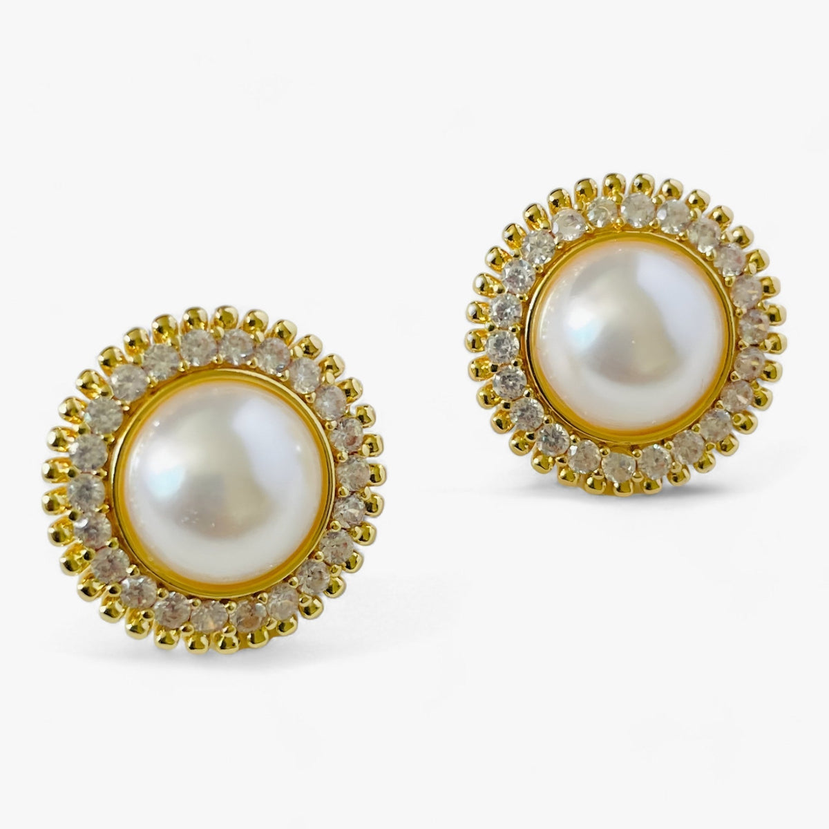 Round Pearl and Crystal Stud Earrings in Gold Tone