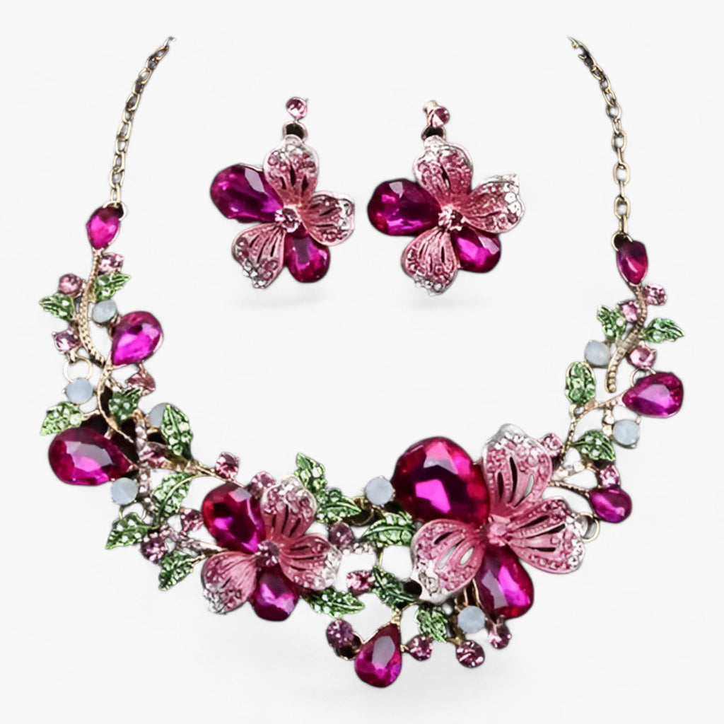 Enamel Flower Necklace and Earring Set for Bridal Occasions
