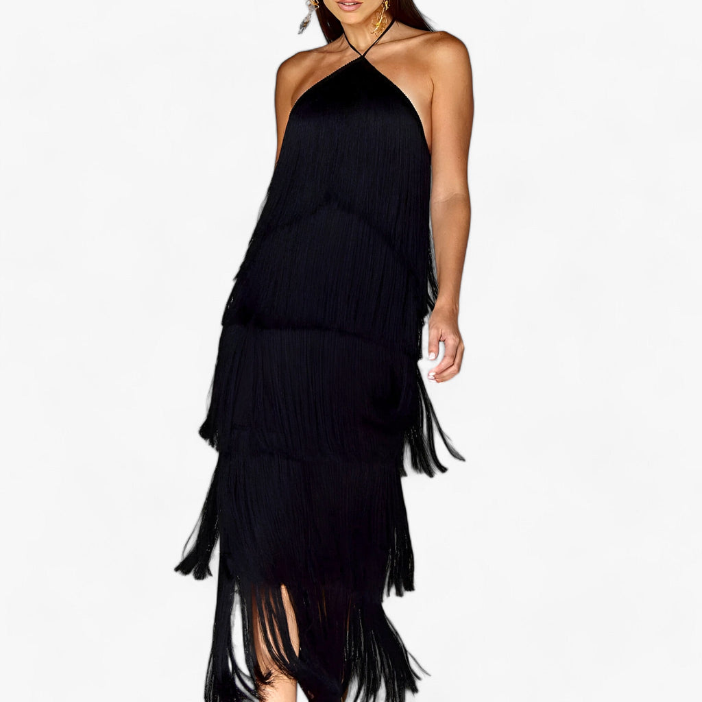 Sleeveless Halterneck Maxi Dress with Fringe Detail