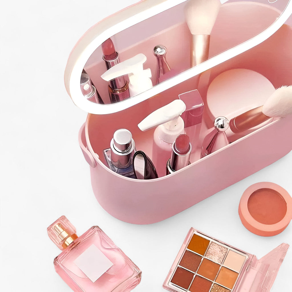 Neceser de maquillaje estrecho con múltiples compartimentos