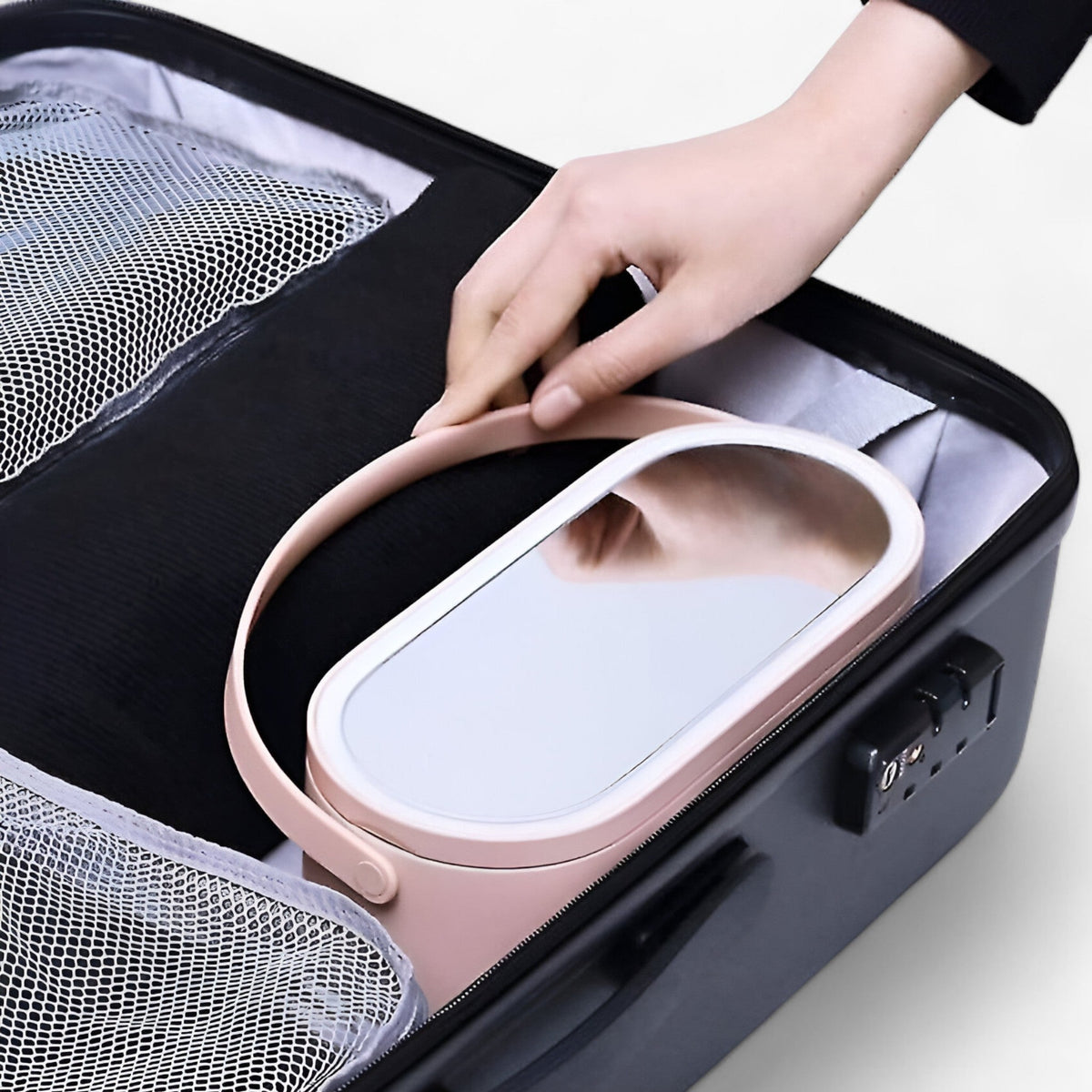Neceser de maquillaje estrecho con múltiples compartimentos