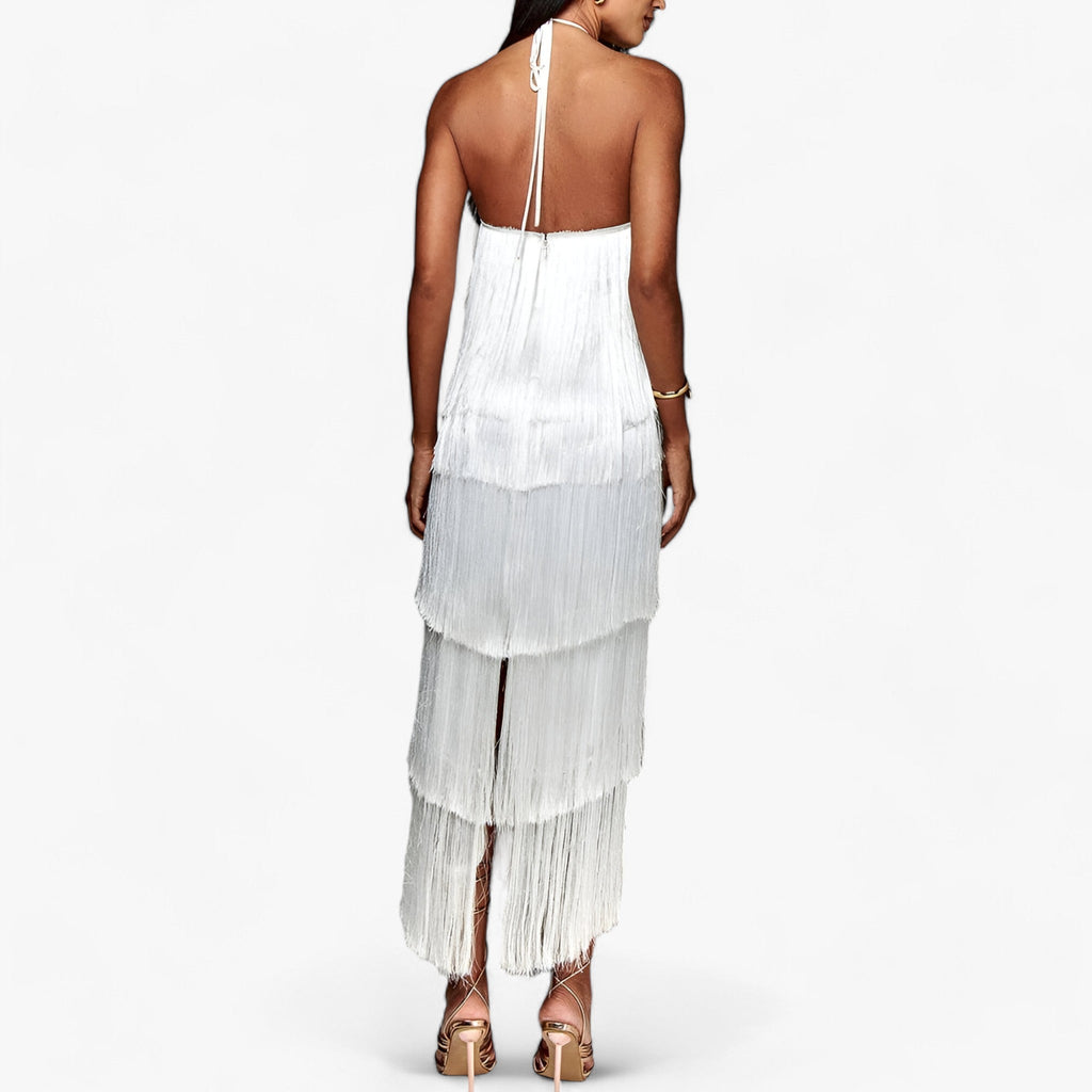 Sleeveless Halterneck Maxi Dress with Fringe Detail