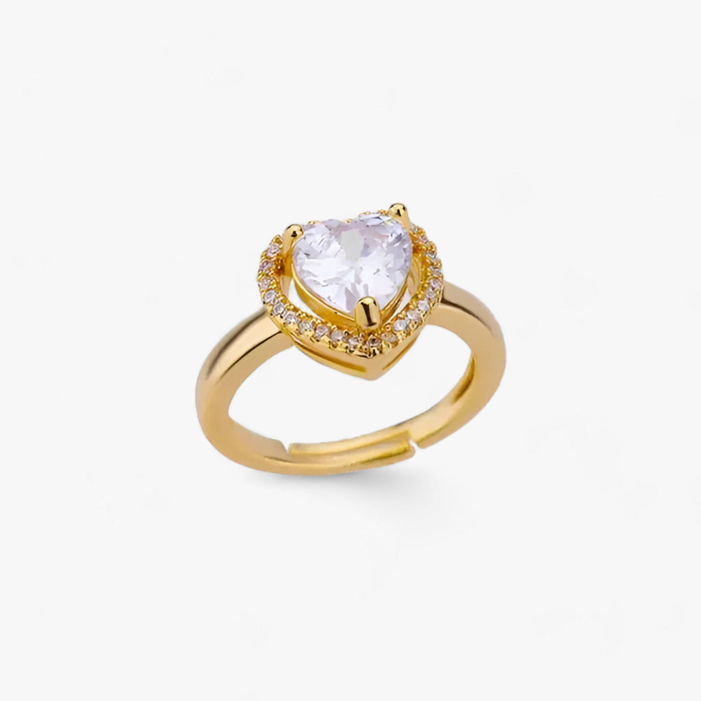 Adjustable Heart Ring with Zircon Stones in Gold or Silver Tone