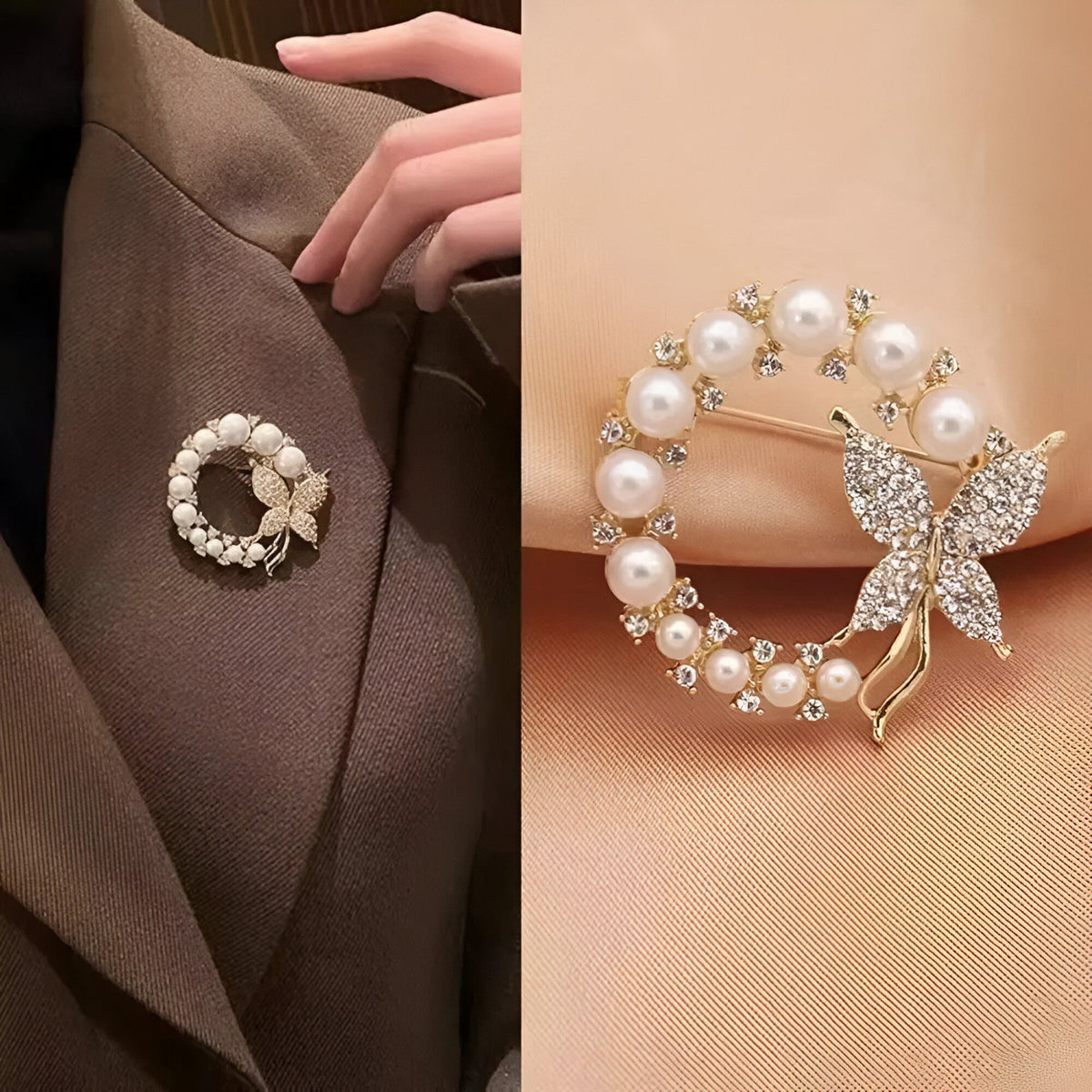 Sparkling Pearl and Rhinestone Butterfly Brooch Pin