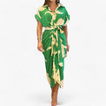 Midi Dress with Asymmetric Collar and Tie Belt