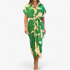 Midi Dress with Asymmetric Collar and Tie Belt