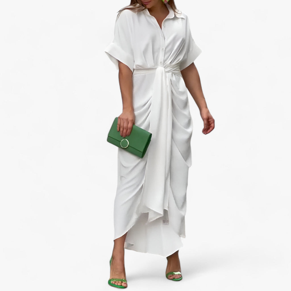 Midi Dress with Asymmetric Collar and Tie Belt