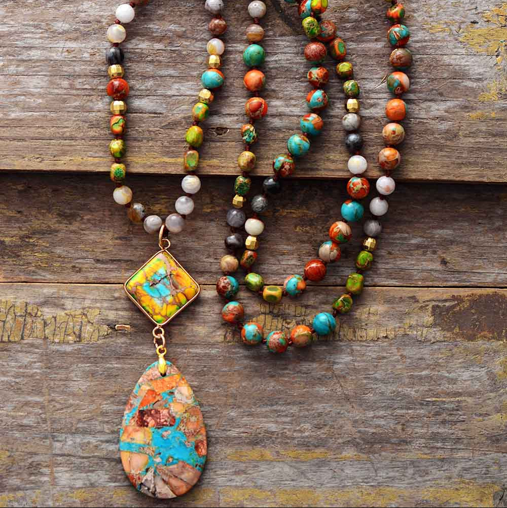 Multicolour Patterned Stone Pendant Necklace with Earthy Bands