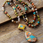 Multicolour Patterned Stone Pendant Necklace with Earthy Bands