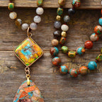 Multicolour Patterned Stone Pendant Necklace with Earthy Bands