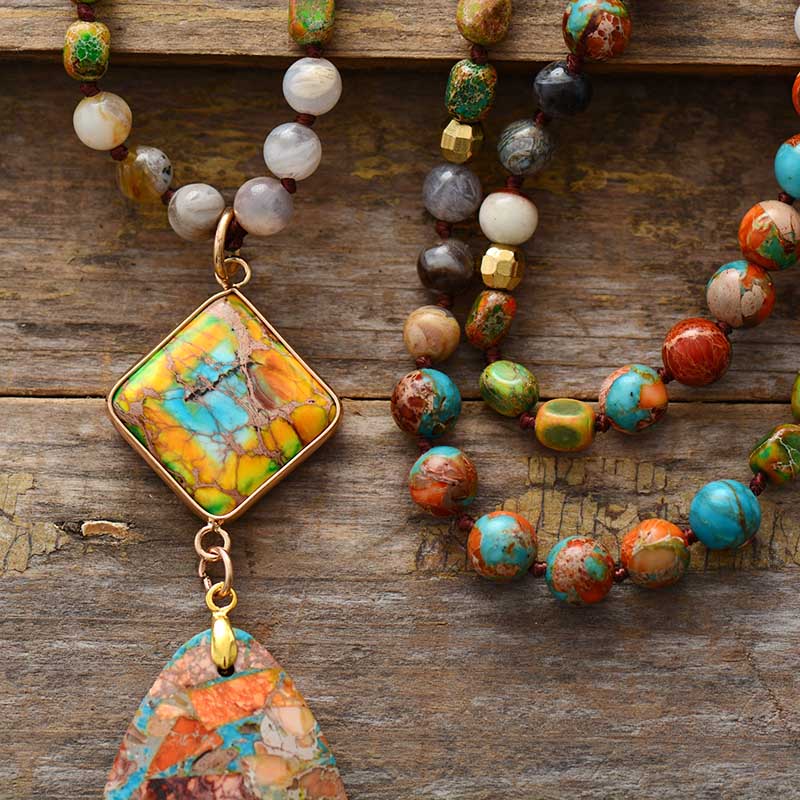 Multicolour Patterned Stone Pendant Necklace with Earthy Bands