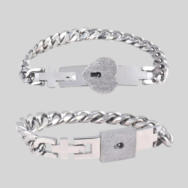 Matching Lock and Key Bracelet Set in Stainless Steel