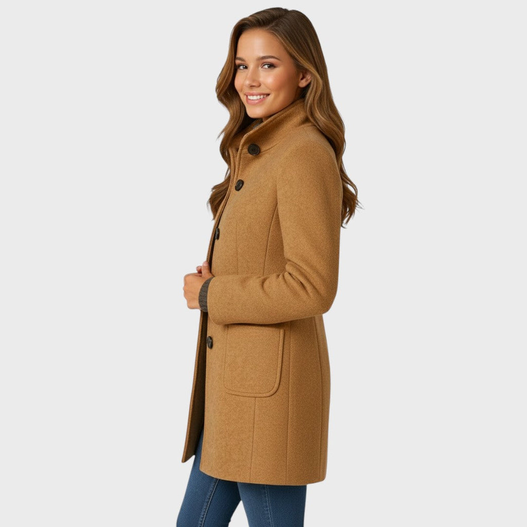 Wool Blend Coat with Stand Collar and Button Closure