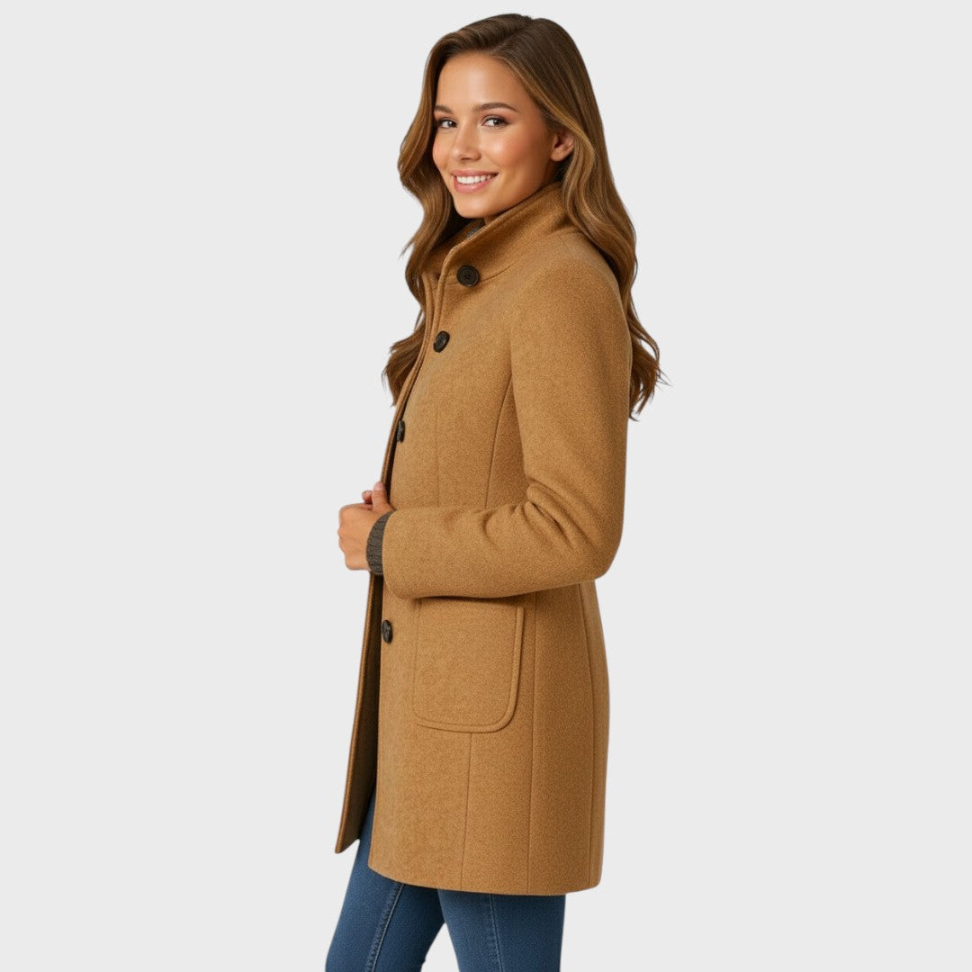 Wool Blend Coat with Stand Collar and Button Closure